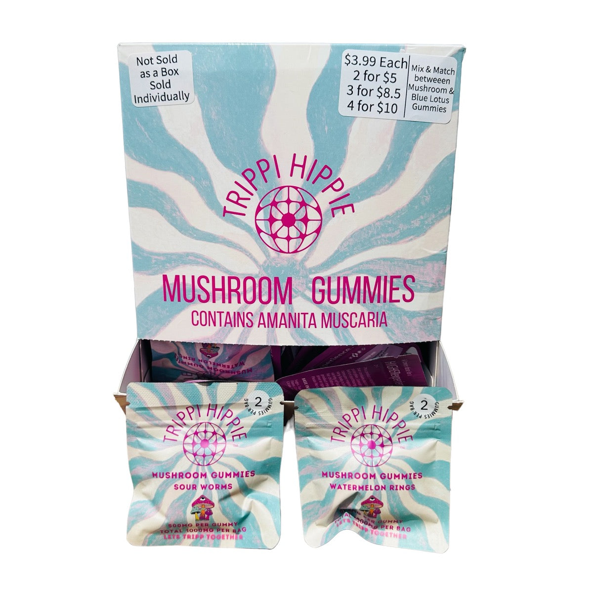 Trippie Hippie Mushroom Gummies, Box of 50 Bags, 2ct Per Bag (B2B)