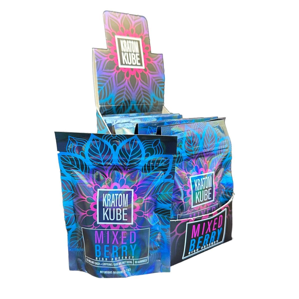 Kratom Kube Gummies, 500mg MIT Per Bag, 50mg MIT Per Gummy, Display of 10 (Flavor Options Available) (B2B)